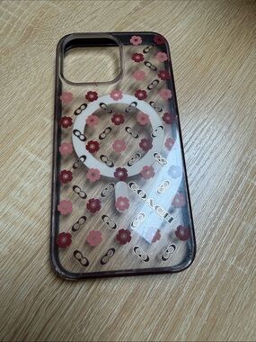 COACH Clear Floral Phone Case with Pink and Burgundy Flowers